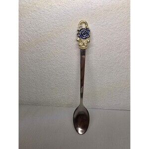 Vintage Decorative Spoon with Blue Enamel Rose Handle Collectible Spoon Floral